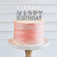 Happy Birthday Pick Candles Silver Glitter