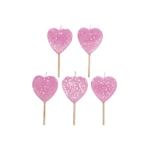 Glitter Heart Pick Candles Pink