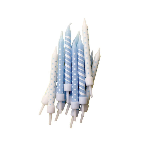 Polka-Dot & Candy-Cane Stripe Candles Light Blue & White with Holders