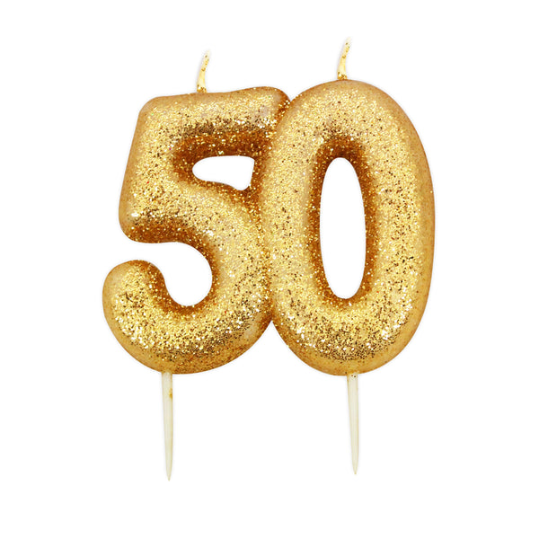 Age 50 Glitter Numeral Moulded Pick Candle Gold