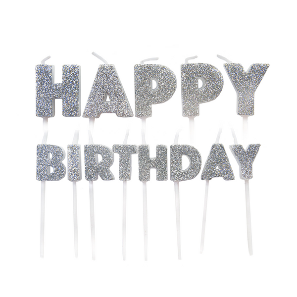 Happy Birthday Pick Candles Silver Glitter