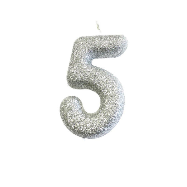 Age 5 Glitter Numeral Moulded Pick Candle Silver