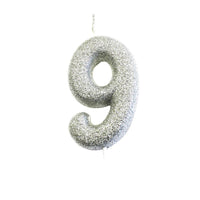 Age 9 Glitter Numeral Moulded Pick Candle Silver