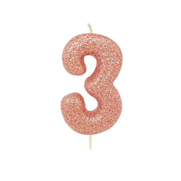 Age 3 Glitter Numeral Moulded Pick Candle Rose Gold