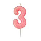 Age 3 Glitter Numeral Moulded Pick Candle Pink