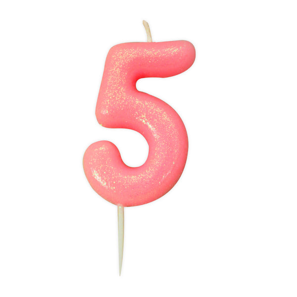 Age 5 Glitter Numeral Moulded Pick Candle Pink