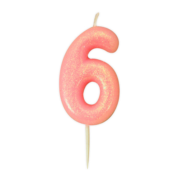 Age 6 Glitter Numeral Moulded Pick Candle Pink