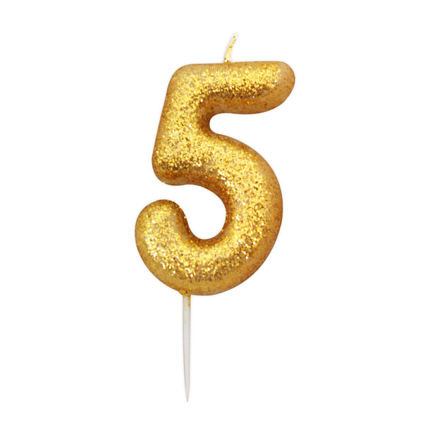 Age 5 Glitter Numeral Moulded Pick Candle Gold