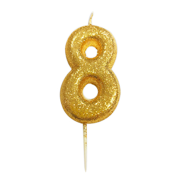 Age 8 Glitter Numeral Moulded Pick Candle Gold