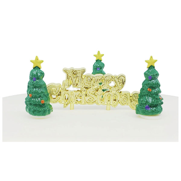 Mini Christmas Tree Plastic Cake Topper Picks & Gold Merry Christmas Motto