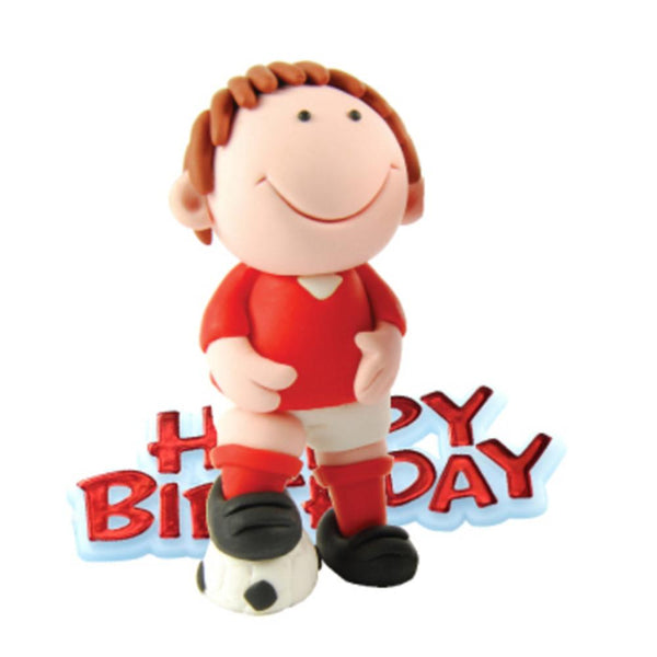 Red Footballer Resin Cake Topper & Red Happy Birthday Motto