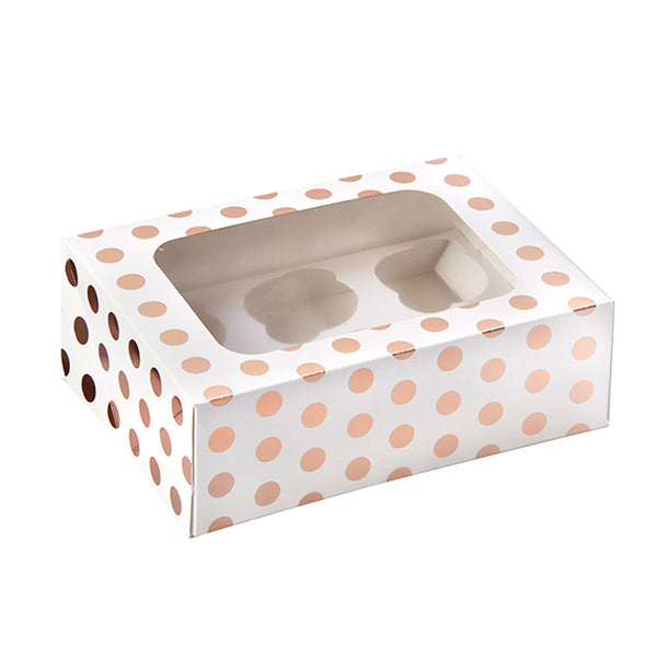 Rose Gold Polka Dot Cupcake Box for 6 Cupcakes Foil