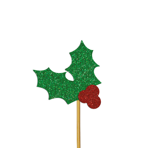 Glitter Holly Cupcake Toppers Red and Green