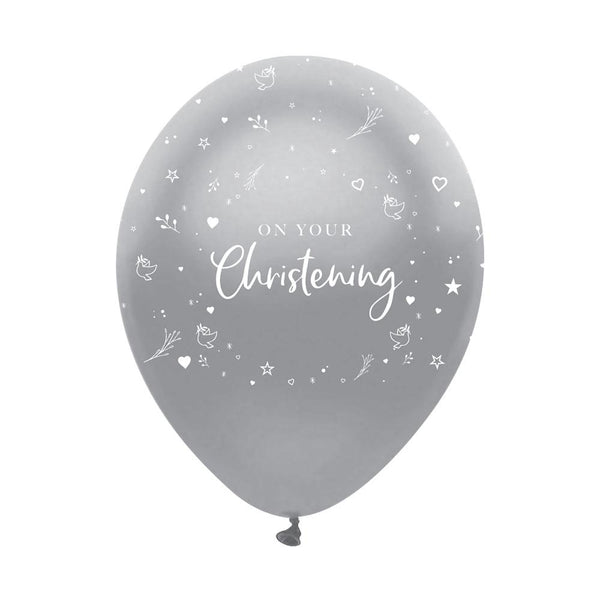 On Your Christening Latex Balloons Silver Pearlescent All Round Print